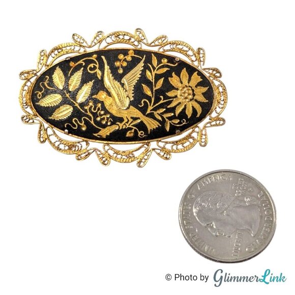 Vintage Oval Damascene Filigree Floral Bird Trombone Clasp Gold Tone Brooch - Picture 4 of 7